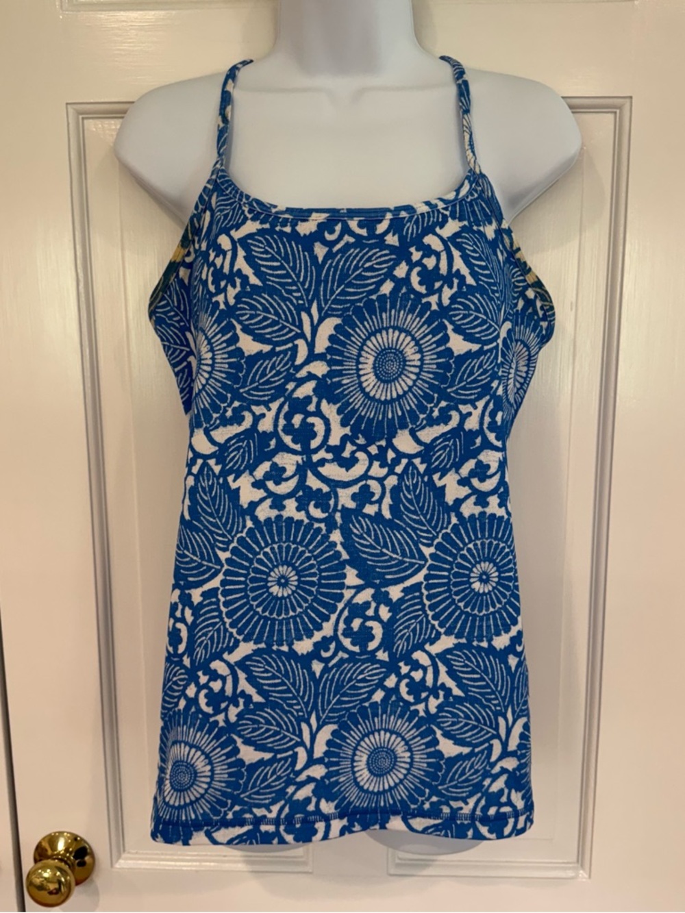 lululemon athletica Blue and White Floral power Y Tank Top